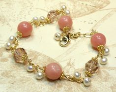 Natural Pink Opal and Pearl Bracelet Gold Filled by fineheart Handmade Pink Opal Jewelry Gift, Elegant Handmade Pink Opal Jewelry, Elegant Pink Wire Wrapped Bracelets, Handmade Elegant Pink Crystal Bracelet, Opal Bracelet Gold, Adjustable Pink Opal Bracelet, Birthday Stone, Pearl Bracelet Gold, October Birthstone Jewelry