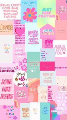 a collage of pink, blue and green images with words that say love is in the air