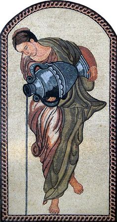 an ancient mosaic depicting a woman carrying a jug and holding a cane in her hand