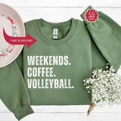 "Volleyball Sweatshirt, Volleyball Shirt, Weekends Coffee and Volleyball shirt, Game Day Shirt, Volleyball Mom Shirt Volleyball dad Shirt ---------------------- 🛍️ How to Order Your Perfect T-Shirt 🌟 Welcome to our shop! We're thrilled you're here to customize your ideal T-shirt. To make your shopping experience seamless, follow these simple steps: 1️⃣ Explore All the Details: Take a close look at all the photos to ensure you know exactly what you're getting. 2️⃣ Size Matters: Use the convenient size chart in the dropdown menu and add each shirt to your cart one at a time. This ensures you get the perfect fit. 3️⃣ Color Your World: Select your favorite shirt color from the dropdown menu labeled \"Shirt Color.\" We offer a spectrum of choices to match your style. 4️⃣ Combine and Save: If Sporty Letter Print Tops For Weekend, Sporty Weekend Tops With Letter Print, Sporty Tops With Letter Print For Weekend, Sporty Cotton Tops With Letter Print For Weekend, Sporty Graphic Print Tops For The Weekend, Sporty Tops For Weekend, Green Casual Tops For Team Events, Casual Green Top For Team Events, Volleyball Sweatshirts