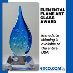 a blue glass award is displayed in front of a white background with the words,'elementary flame art class award immediate shipping is available to the entire usa