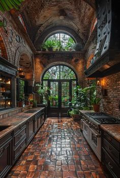 a kitchen with brick walls and an arched ceiling