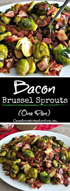 brussel sprouts with bacon and other vegetables on a white plate