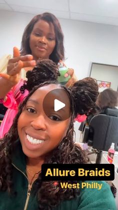 the woman is getting her hair done at the salon and smiling for the camera while another woman looks on