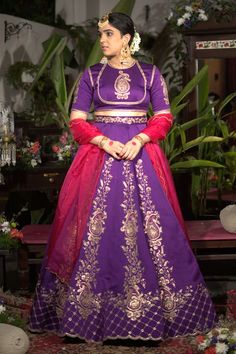 Purple lehenga with an attached cancan and sequins hand embroidery. Comes with a blouse and a dupatta. - Aza Fashions Dola Silk Gown With Zari Work For Navratri, Banarasi Silk Gown With Resham Embroidery, Navratri Dola Silk Gown With Zari Work, Diwali Reception Gown With Tilla Details, Traditional Wedding Lehenga In Purple, Reception Raw Silk Dupatta With Tilla Detail, Raw Silk Tilla Dupatta For Reception, Unstitched Tilla Lehenga For Wedding, Unstitched Wedding Lehenga With Tilla Embroidery