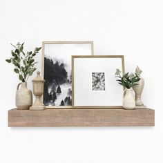 three vases and two framed pictures on a wooden shelf with plants in the foreground