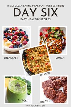 the six day meal plan for beginners with pictures of different foods, including fruit and vegetables