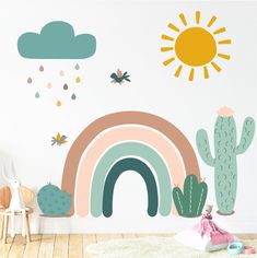 a child's room with cactus and rainbow wall decals