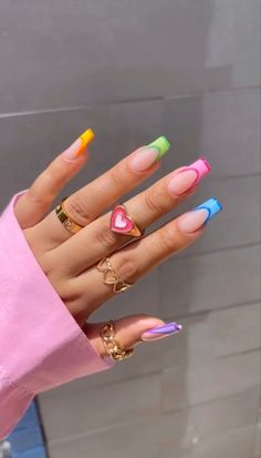 Short Pastel French Tip Nails, Nails Summer 2024 Square, Summer Acrylic Nails Colorful, Nail Aesthetic Summer, Coffin Rainbow Nails, Colorful French Nails Square, Summer Acrylic Nails Square French Tip, Nails Summer Inspo 2024, Square Nails Summer Design