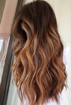 Cool Toned Copper Balayage, Lived In Auburn Balayage, Brunette Balayage Hair With Copper, Partial Crown Highlights, Carmel Red Blonde Balayage, Brown And Red Balayage Hair, Caramel Sunset Hair, Blake Lively Hair Color Formula, Cherry Brunette Balayage