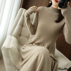 Olivia Mark - Wool Knitted Dress: Half Turtleneck Design, Knee-Length, Cashmere Sweater, Long Umbrella Skirt Neutral Long Sleeve Winter Dress, Classic Beige Winter Dresses, Merino Wool Dress, Long Umbrella, Turtleneck Midi Dress, Wool Knitted Dress, Woolen Dresses, Hot Sweater, Umbrella Skirt