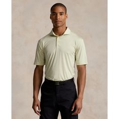 This striped Polo shirt is crafted with lightweight stretch jersey that is developed to wick away moisture. Striped Cotton Tops For Golf, Classic Striped Tops For Golf, Casual Striped Golf Tops, Fitted Golf Tops With Striped Collar, Casual Striped Tops For Golf, Ralph Lauren Fitted Striped Shirt, Ralph Lauren Fitted Striped Top, Fitted Striped Ralph Lauren Top, Sweatpants And Sweater