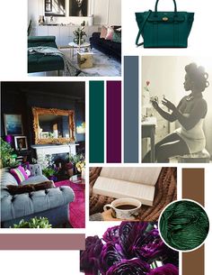 a collage of photos with purple and green accents