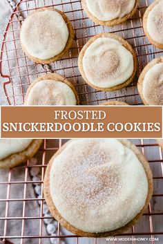 frosted snickkerdoodle cookies on a cooling rack with the title above it