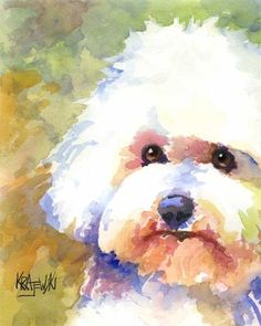 a painting of a white dog with brown eyes