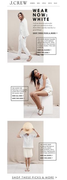 an advertisement for jcreww's wear white collection, with images of the model and