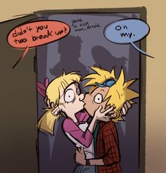 two cartoon characters are kissing in front of a door