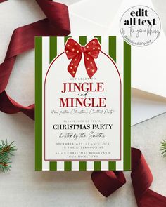 a christmas party card with a bow on it