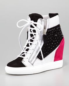 Wedge Sneakers Style, Wedge Tennis Shoes, High Top Wedge Sneakers, Black Wedge Sneakers, Giuseppe Zanotti Sneakers, Giuseppe Zanotti Heels, Giuseppe Zanotti Shoes, Lace Up Wedges, Fashion Heels