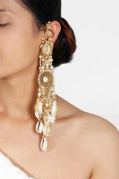 Shop for Vaidaan Padmana Dangler Earrings Online at Aza Fashions Indian Statement Earrings, Extra Long Earrings, Simple Studs, Gold Bead Earrings, Braid Jewelry, Diy Jewelry Earrings, Bridal Accessories Jewelry