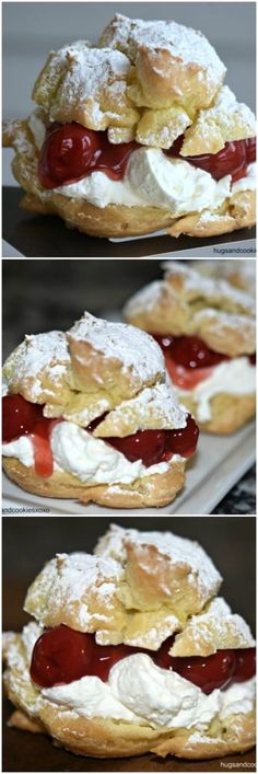 three different views of pastries with jelly and powdered sugar