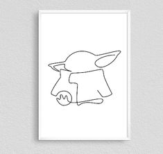 a black and white line drawing of a baby yoshi in a blanket on a wall