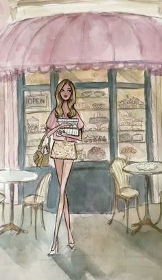 a drawing of a woman standing in front of a store