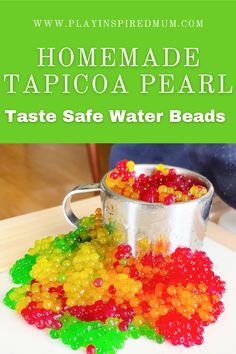 Coloured tapioca pearls in stainless steel jug Water Bead Activities, Edible Water Beads, Bead Activities, Sensory Play For Toddlers, Sensory Activities For Preschoolers, Toddler Sensory Bins