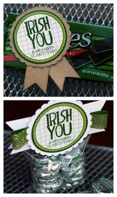 there are two pictures of some candy in a glass jar and one has a sticker that says irish you on it