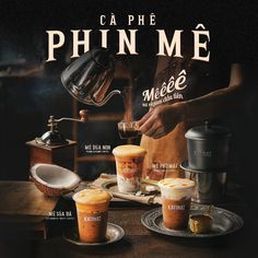 an advertisement for a coffee shop with different types of drinks and ingredients on the table