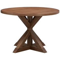 a round wooden table with two crossed legs and an x - shaped design on the top