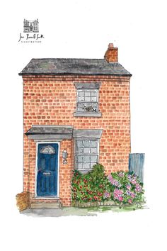 a watercolor painting of a brick house with blue door and window, surrounded by flowers