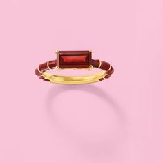 Ross-Simons - 1.70ct t. w. Garnet, Red Enamel Ring in 18kt Gold Over Sterling. Size 7. Pop this ring on when your look needs a fiery touch. A horizontally set 1.70 carat garnet baguette glimmers at the center of the 18kt yellow gold over sterling silver band, which gleams with sections of glossy red enamel. Polished finish. 3/16" wide. Red enamel and garnet ring. Garnet birthstones are the perfect gift for January birthdays. Red Enamel Elegant Rings, Elegant Red Enamel Ring, Garnet Drop Earrings, Cultured Pearl Ring, Garnet Heart, Garnet Birthstone, January Birthday, Spinel Ring, Garnet Red