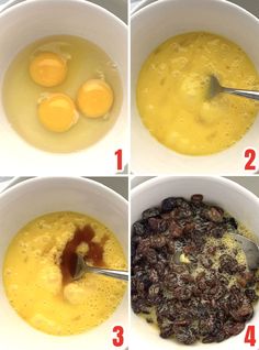 four pictures showing how to make an egg mixture in a bowl with eggs and raisins