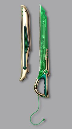 a green and gold sci - fi style object with wires coming out of it's side