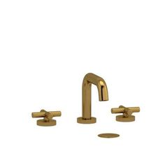 three faucets with gold colored fixtures on a white background, including the handles and handset