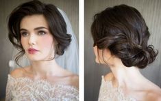 two pictures of a woman wearing a wedding dress and veil, one with her hair in a low bun