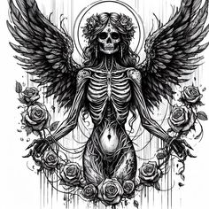 a drawing of a skeleton with wings and roses on it's chest, surrounded by roses