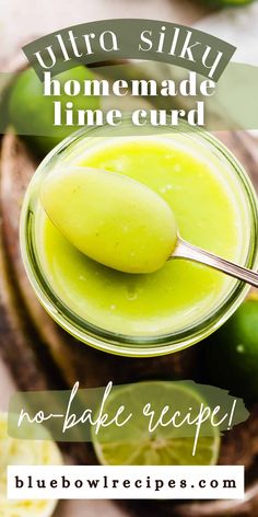 a jar filled with lime curd next to sliced limes