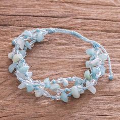 The cool beauty of natural aquamarine distinguishes this pretty beaded wristband bracelet by Costa Rican artisans Magaly and Rebeca Valverde. The polished gems are knotted on multiple pale blue along with petite glass beads. The bracelet's length can be adjusted with a sliding knot. Aquamarine Beaded Bracelet, Aquamarine Bracelet Beads, Beach Colors, Gift Suggestions, Costa Rican, Wristband Bracelet, Aquamarine Beads, Craft Jewelry, Jewelry Beads