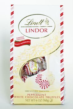 a box of lindt's lindor peppermint white chocolate truffles