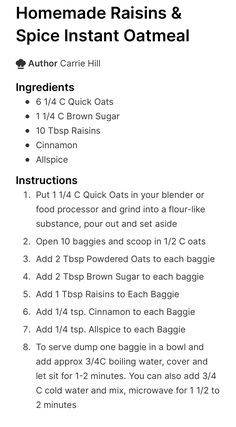 the instructions for how to make homemade raisins and spice instant oatmeal