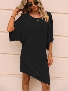 Round Neck Half Sleeve Mid Length Irregular Asymmetric Dress Casual T shirt Loose Dress - Light Gray,XL Casual Solid Midi Dress With Asymmetrical Hem, Casual Solid Color Asymmetrical Midi Dress, Casual Solid Asymmetrical Midi Dress, Casual Solid Asymmetrical Summer Dress, Casual Asymmetrical Solid Color Dress, Black Summer Dress With Curved Hem, Casual Black Mini Dress With Asymmetrical Hem, Casual Oversized Asymmetrical Dress, Asymmetric Dress