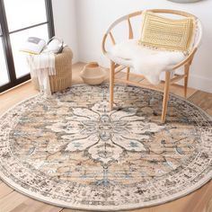 a living room with a chair and rug