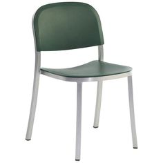 a green plastic chair with silver frame and backrests on an isolated white background