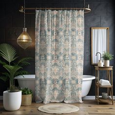 a bathroom with a bathtub, shower curtain and potted plants on the floor