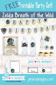 the zelda birthday party set includes cupcakes, water bottles and other items