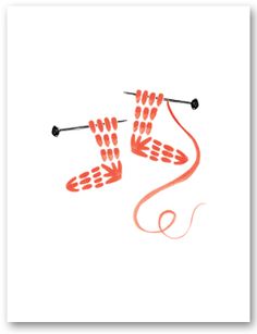 two pairs of red socks with knitting needles on them, against a white background that has the word knit written across it