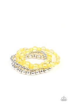 Infused with disco ball inspired beads, a mismatched collection of shiny silver and glassy yellow beads are threaded along stretchy bands around the wrist for a colorfully retro look. Sold as one set of four bracelets. Bling Party, Yellow Gems, Yellow Bracelet, Yellow Jewelry, Silver Frames, Paparazzi Accessories, Paparazzi Jewelry, Disco Ball, Shiny Silver