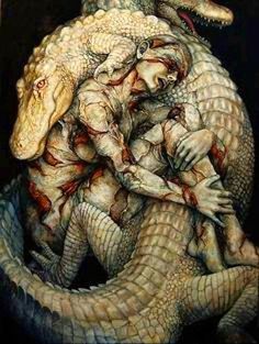 a painting of two people hugging an alligator's head with blood all over its body